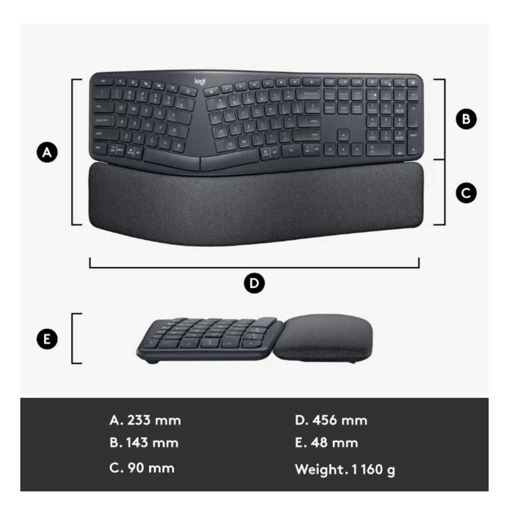 Logitech K860 Wireless Bluetooth Ergonomic Keyboard Split Design PC Mac‎ Black